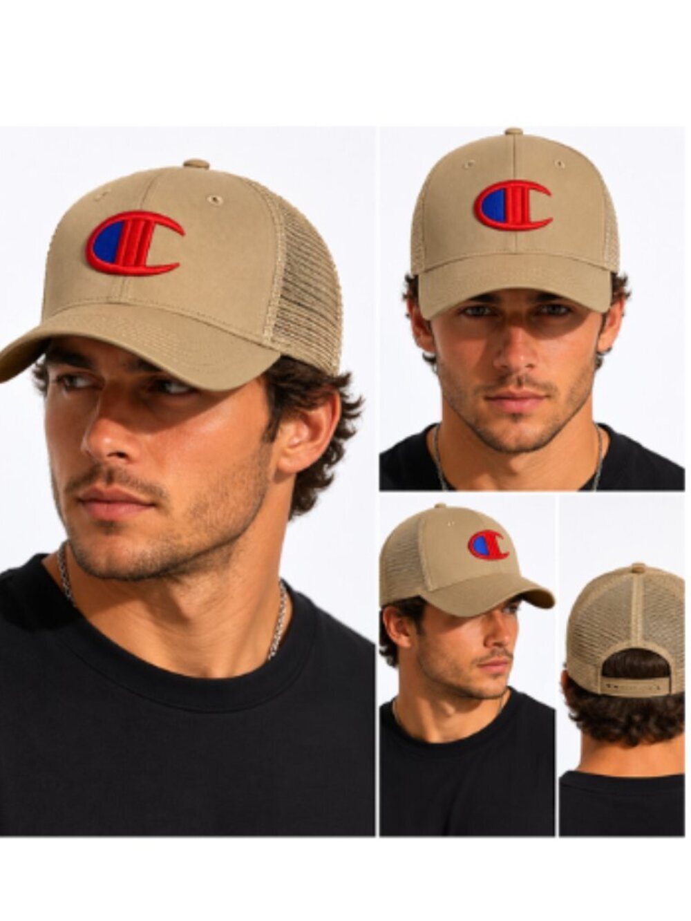 Champion Trucker Hat Snapback Adjustable Beige Mesh Back Embroidered Logo Cap